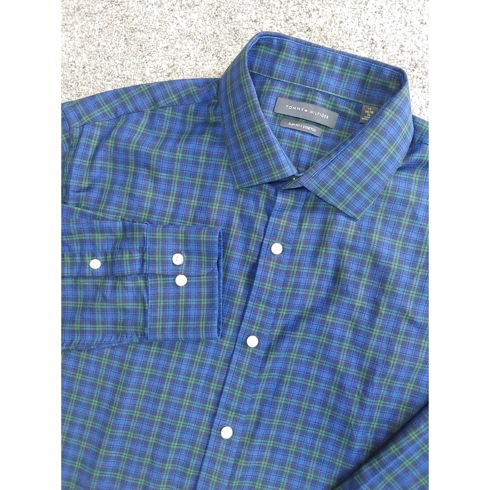 Tommy Hilfiger Slim Fit Stretch Plaid Button Down Shirt Size 17 34/35 XL Blue Gr